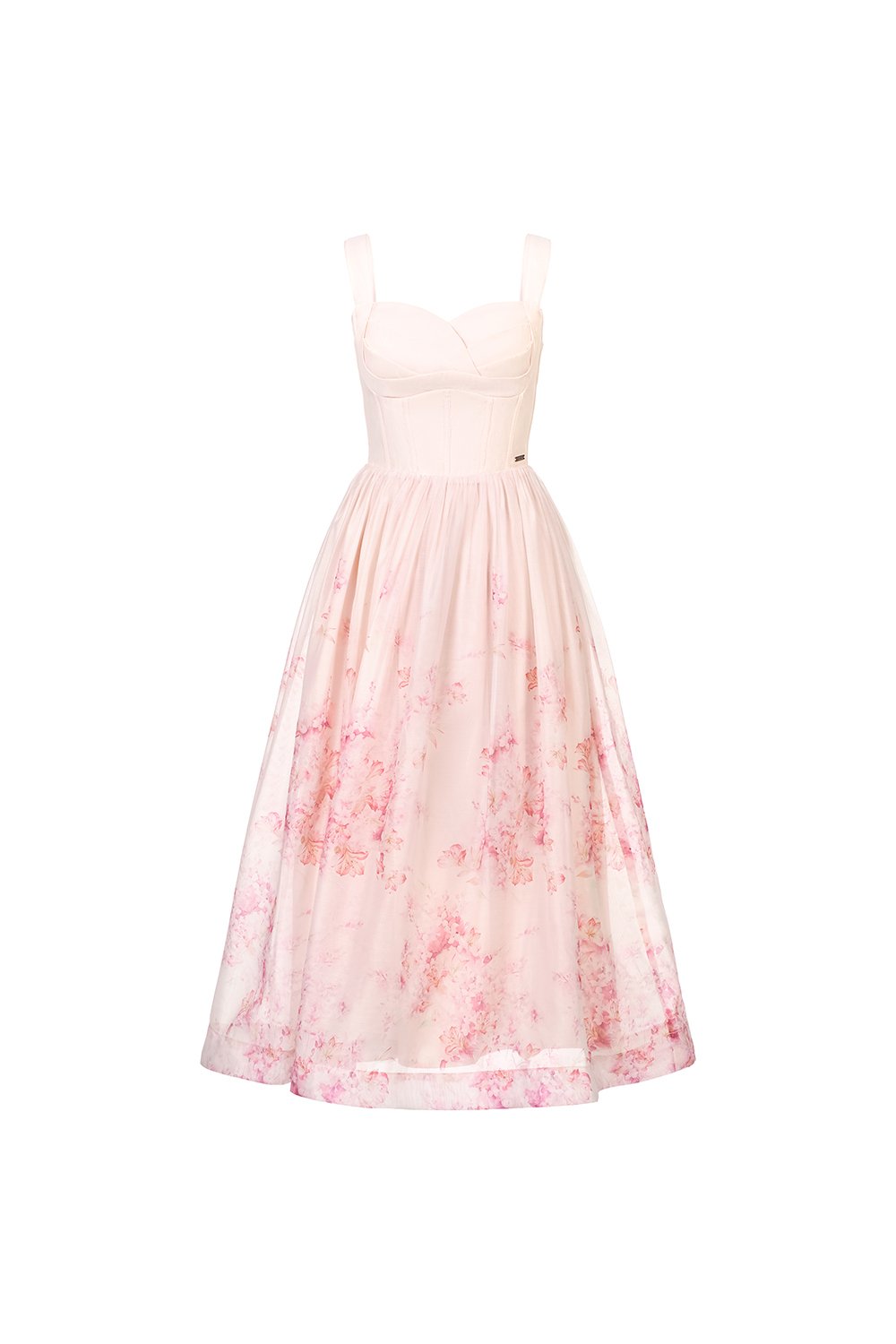 Dream Pleated Bust Soft Corset Midi Dress in Rose Watercolour Waltz