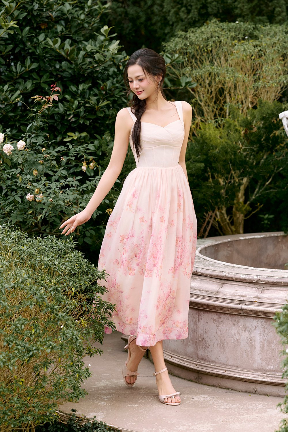 Dream Pleated Bust Soft Corset Midi Dress in Rose Watercolour Waltz