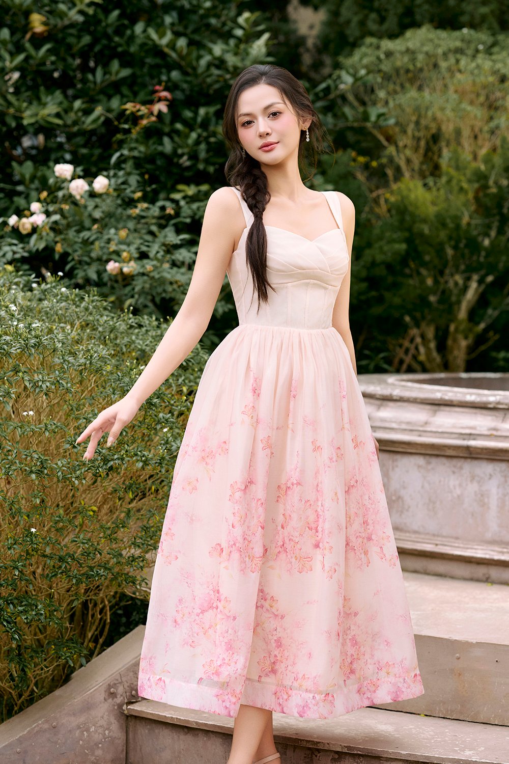 Dream Pleated Bust Soft Corset Midi Dress in Rose Watercolour Waltz