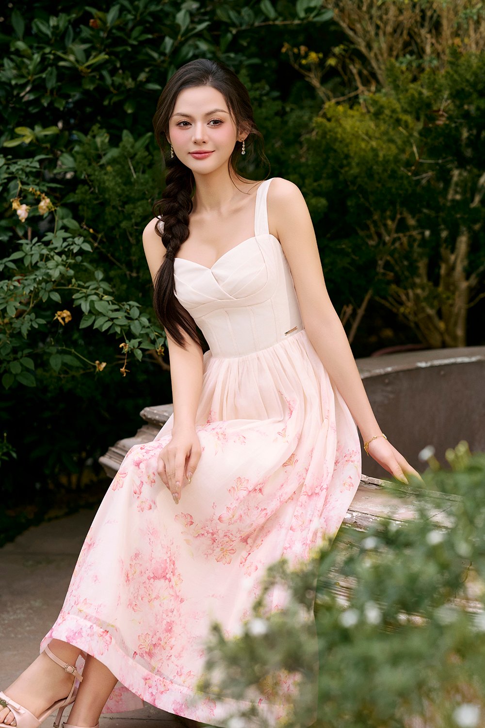 Dream Pleated Bust Soft Corset Midi Dress in Rose Watercolour Waltz