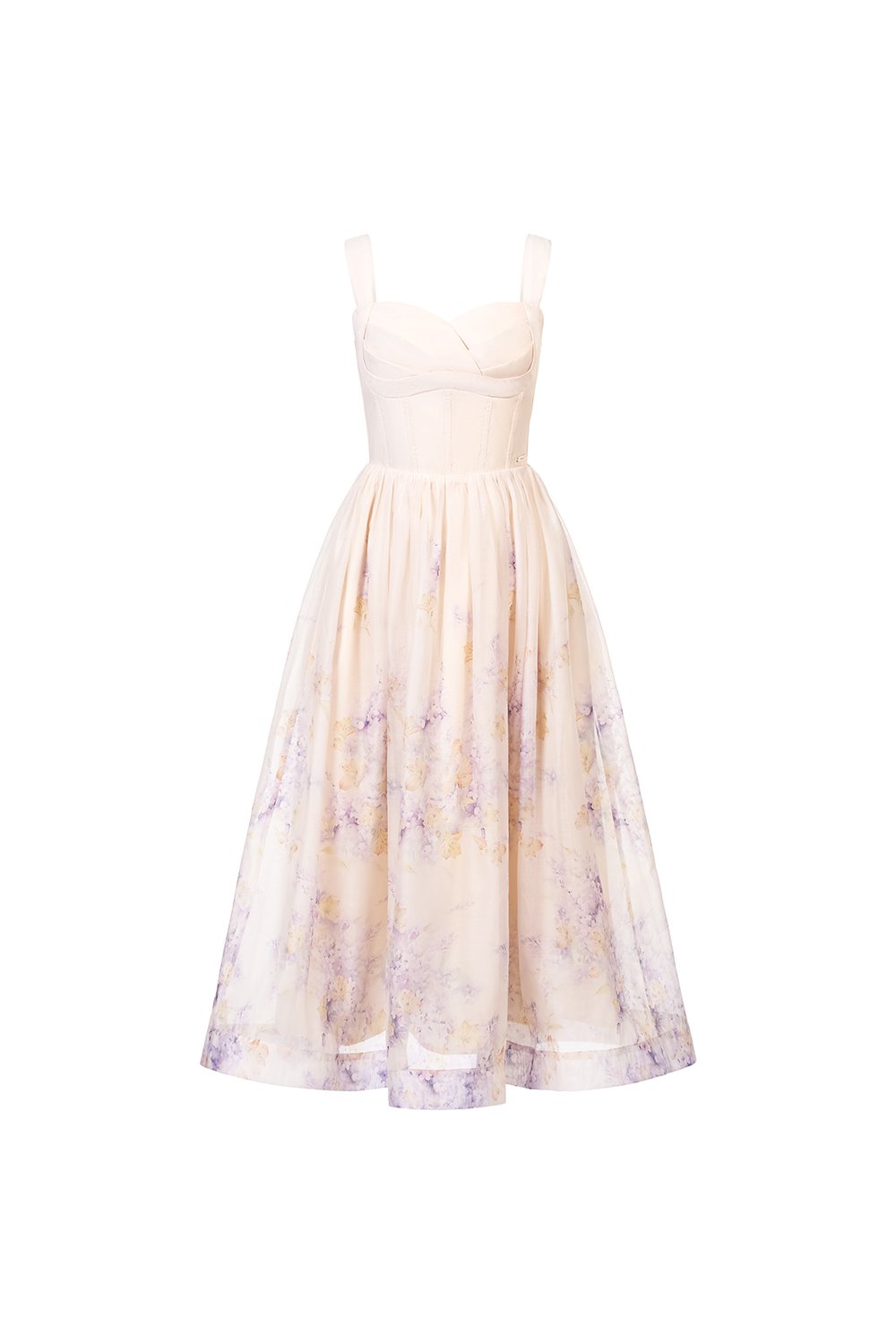 Dream Pleated Bust Soft Corset Midi Dress in Wisteria Watercolour Waltz