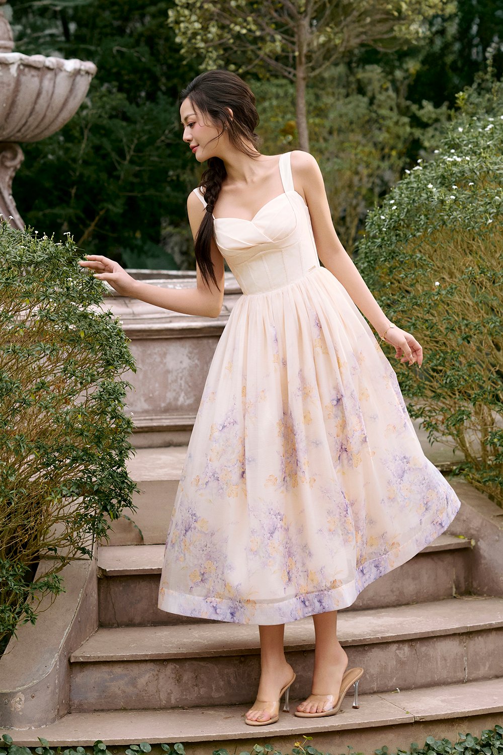 Dream Pleated Bust Soft Corset Midi Dress in Wisteria Watercolour Waltz