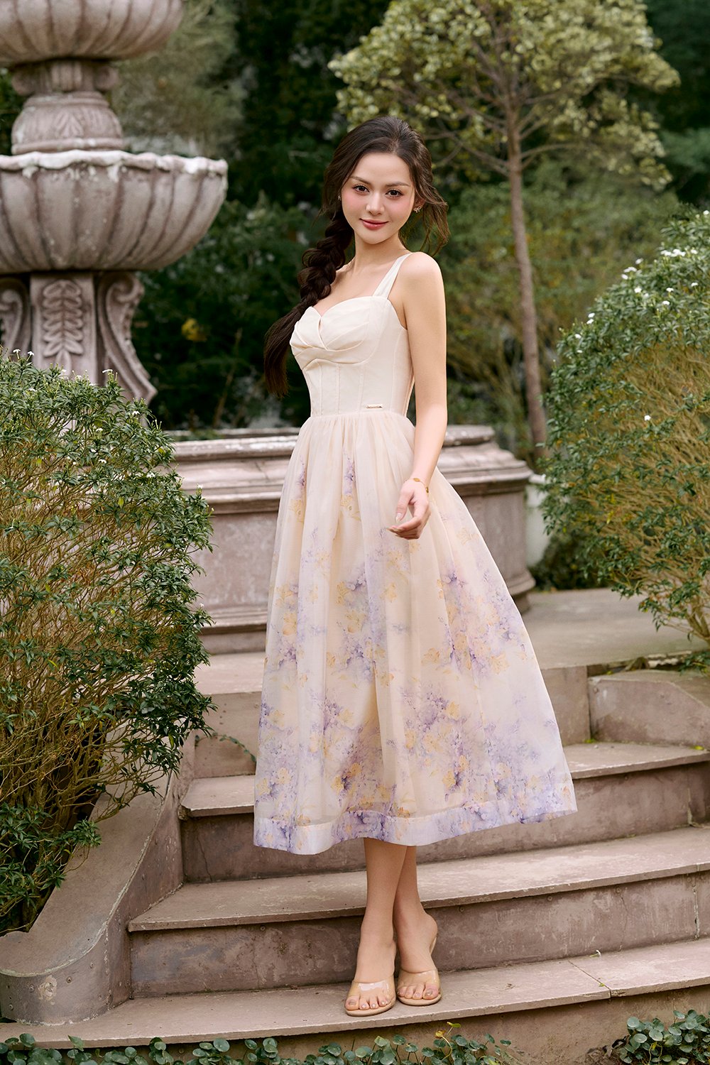 Dream Pleated Bust Soft Corset Midi Dress in Wisteria Watercolour Waltz