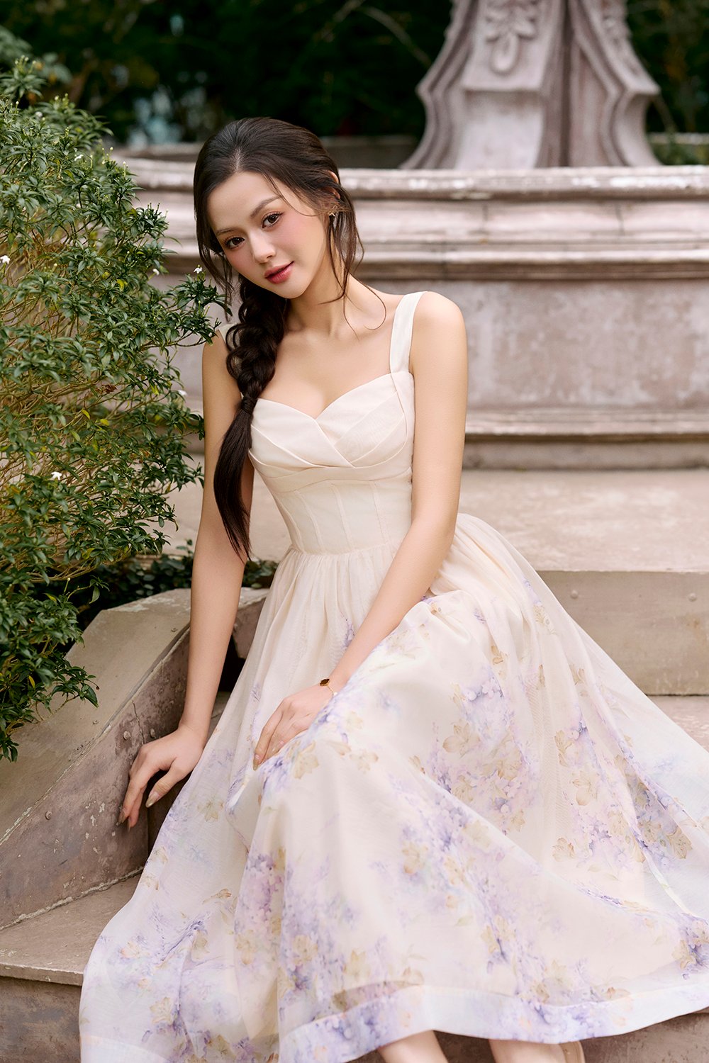 Dream Pleated Bust Soft Corset Midi Dress in Wisteria Watercolour Waltz