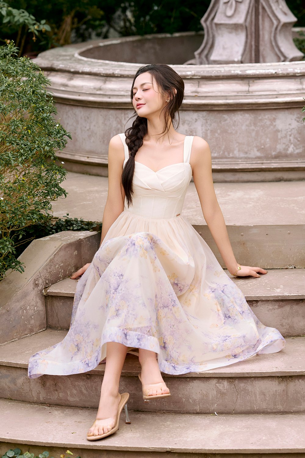 Dream Pleated Bust Soft Corset Midi Dress in Wisteria Watercolour Waltz