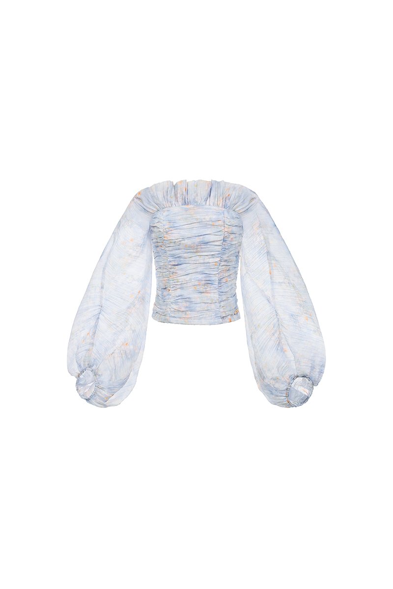 Eve Padded Off Shoulder Blouson in Blue Driftbloom