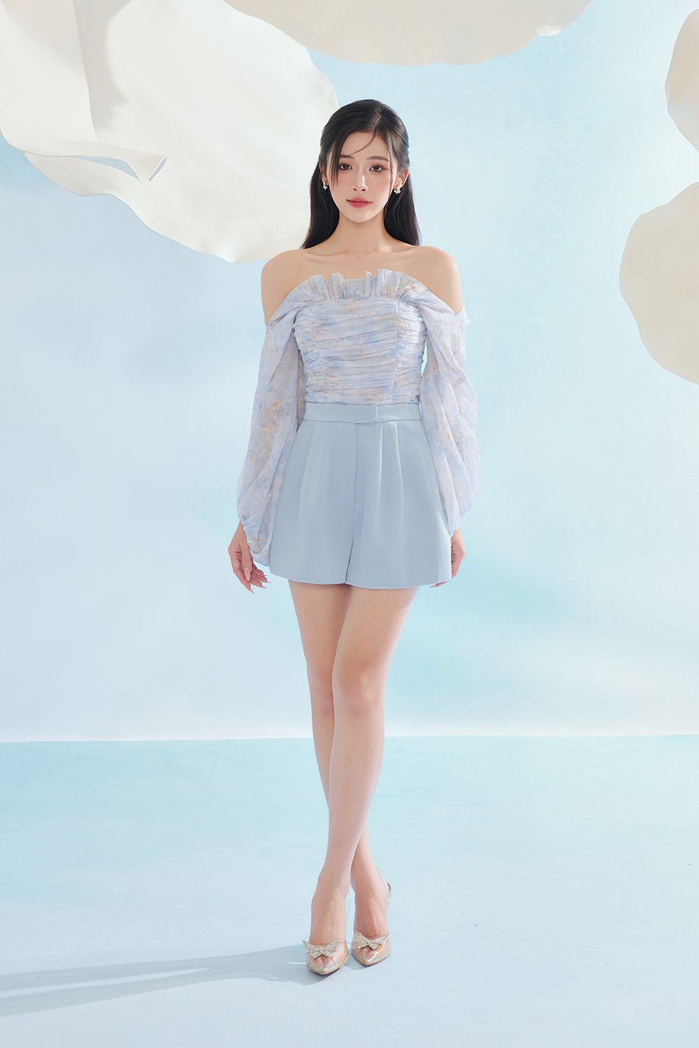 Eve Padded Off Shoulder Blouson in Blue Driftbloom
