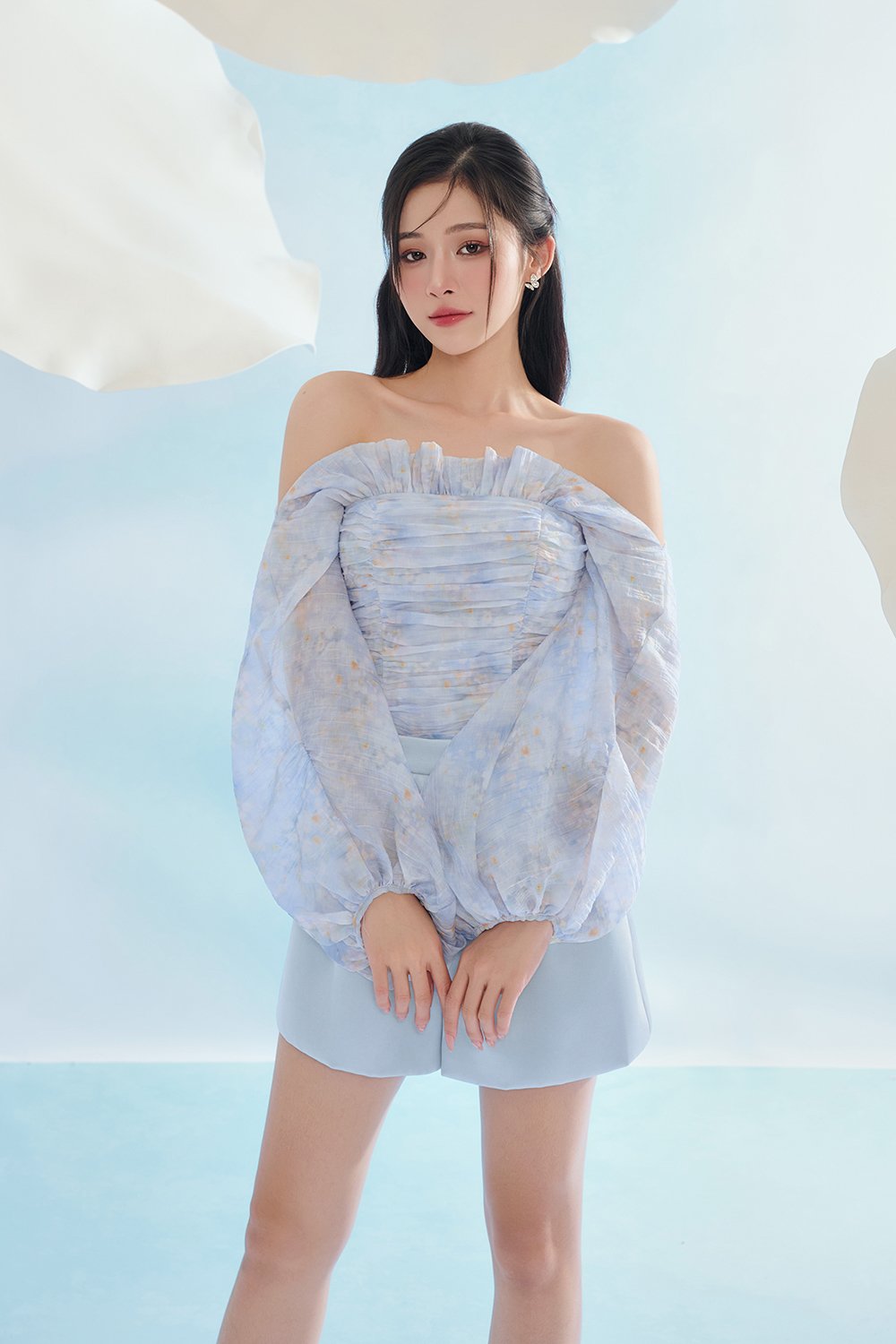Eve Padded Off Shoulder Blouson in Blue Driftbloom