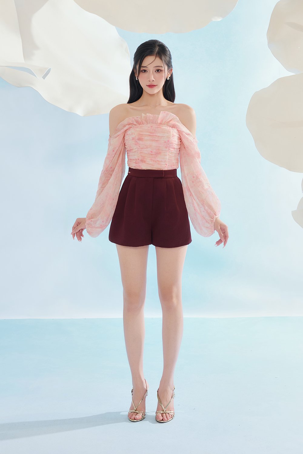 Eve Padded Off Shoulder Blouson in Blush Driftbloom