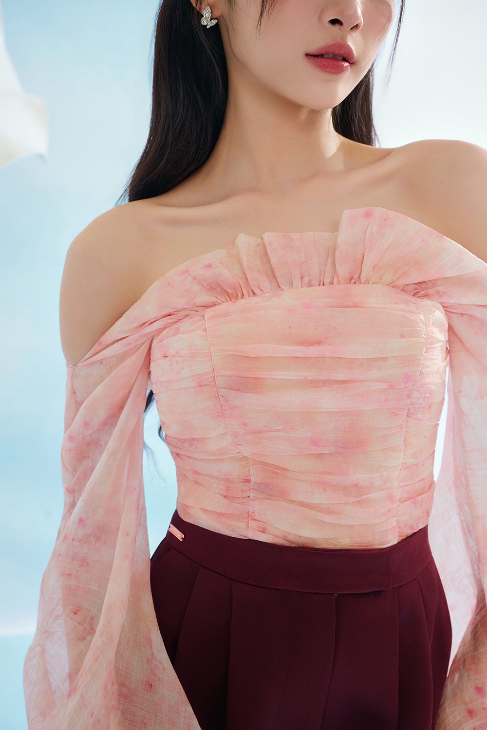 Eve Padded Off Shoulder Blouson in Blush Driftbloom