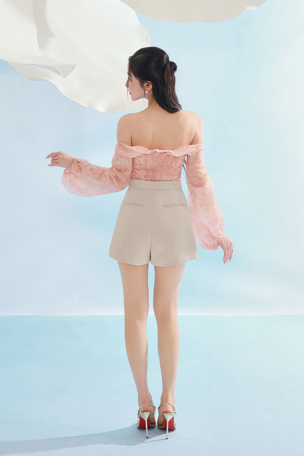 Eve Padded Off Shoulder Blouson in Mandarin Whisperveil