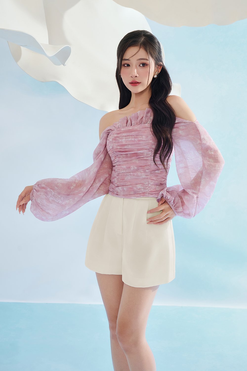 Eve Padded Off Shoulder Blouson in Purple Whisperveil