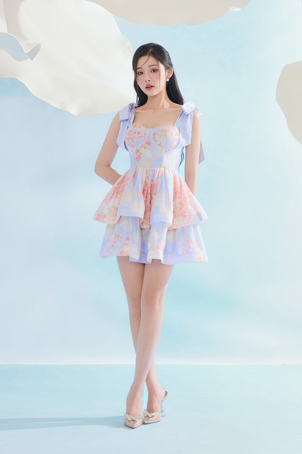 Fiona Removable Ribbon Straps Bustier Mini Dress in Blue Aurafleur