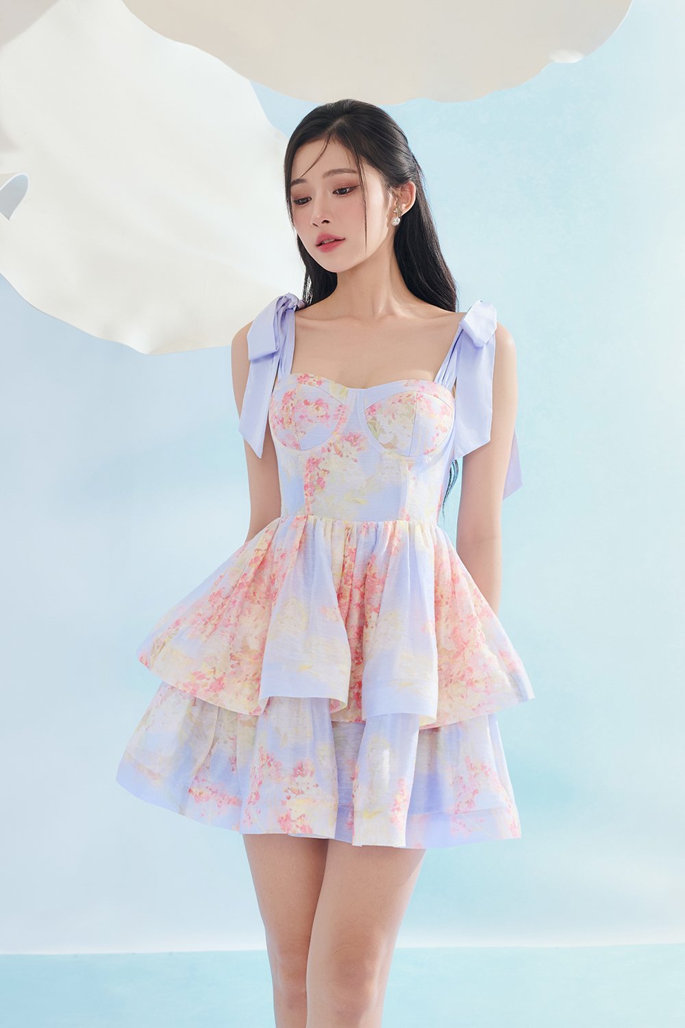 Fiona Removable Ribbon Straps Bustier Mini Dress in Blue Aurafleur