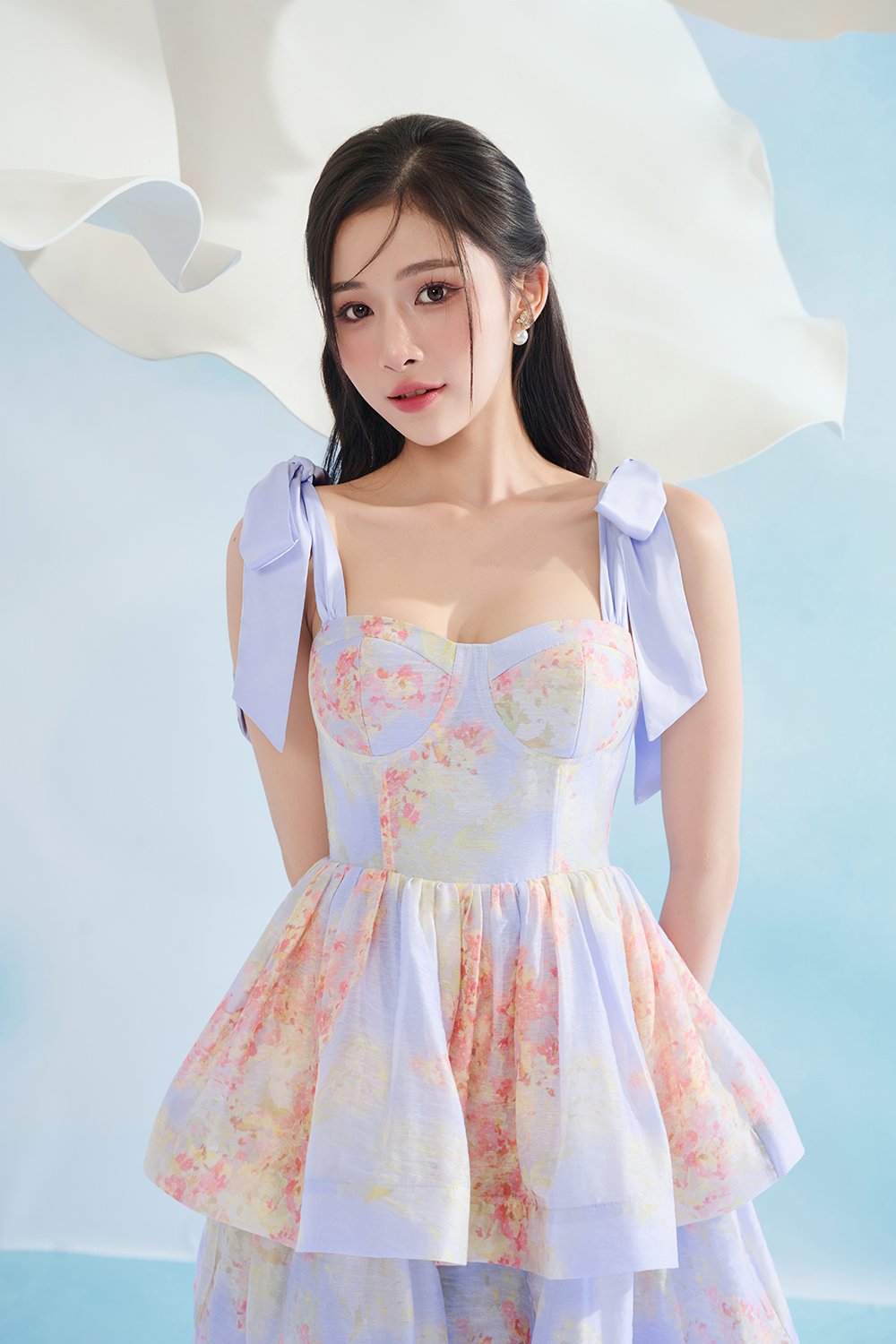 Fiona Removable Ribbon Straps Bustier Mini Dress in Blue Aurafleur