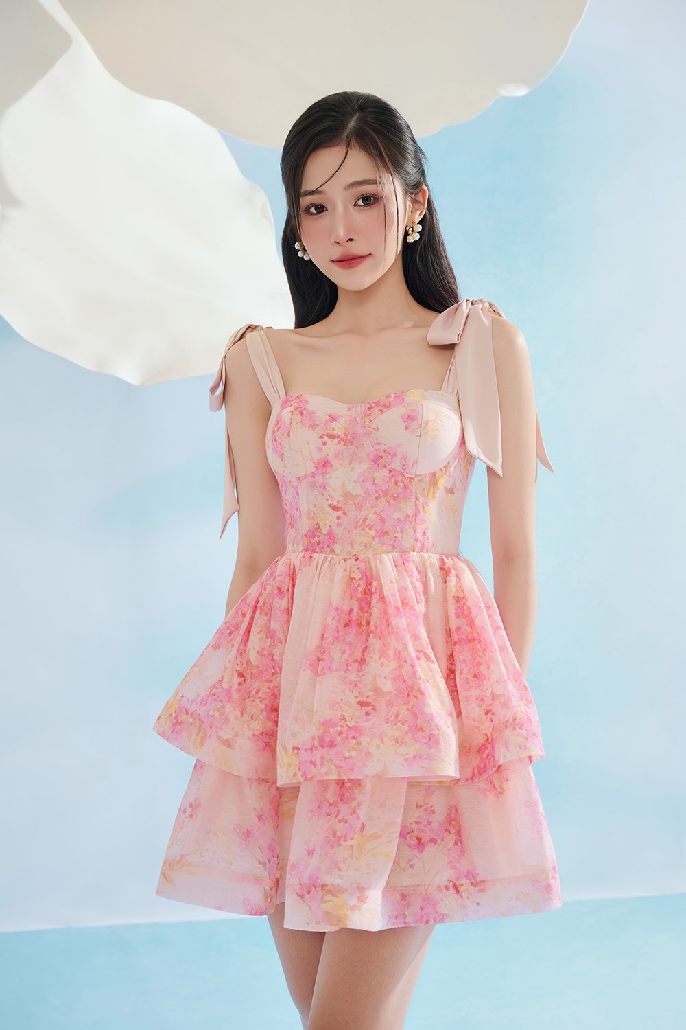 Fiona Removable Ribbon Straps Bustier Mini Dress in Blushing Aurafleur