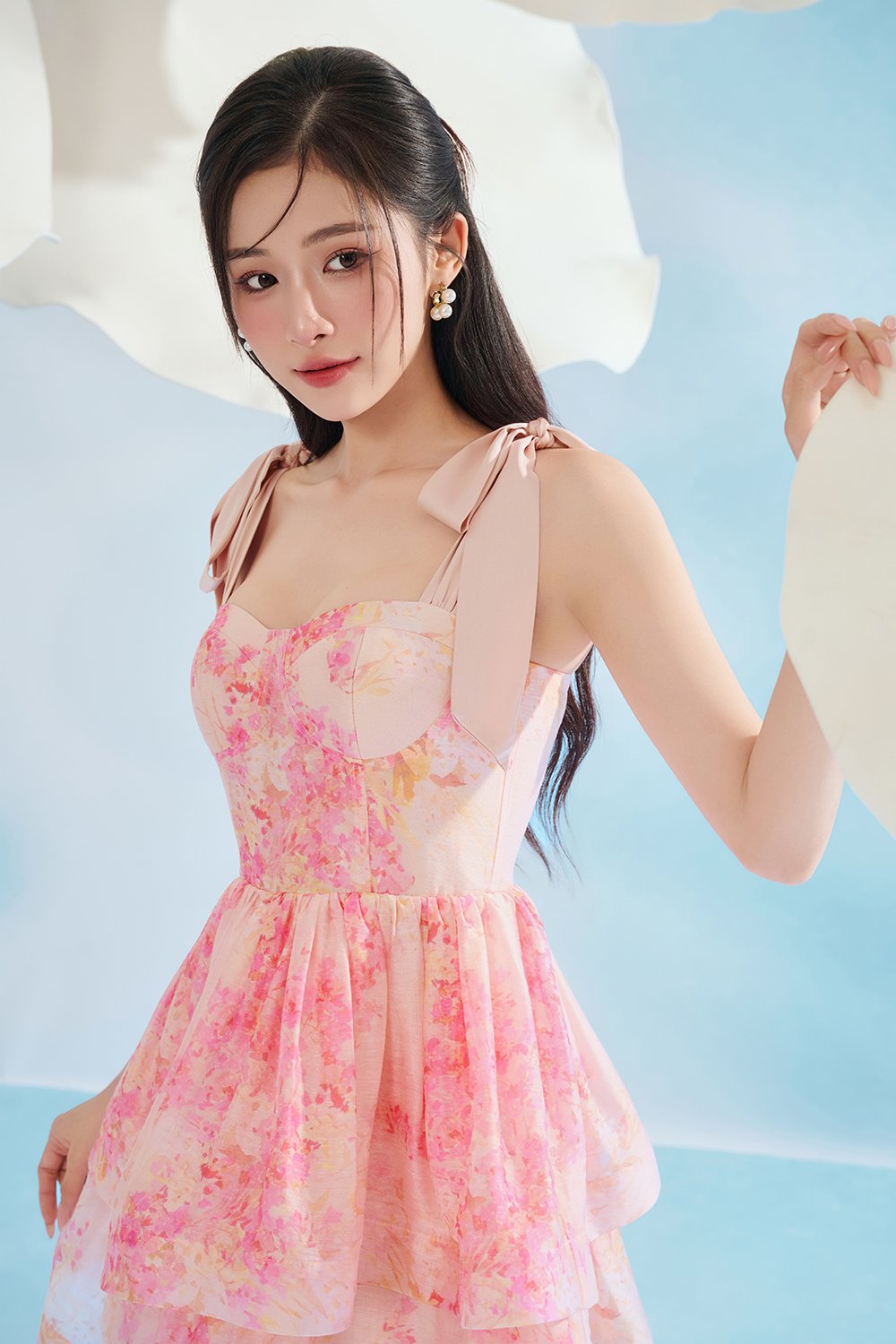 Fiona Removable Ribbon Straps Bustier Mini Dress in Blushing Aurafleur