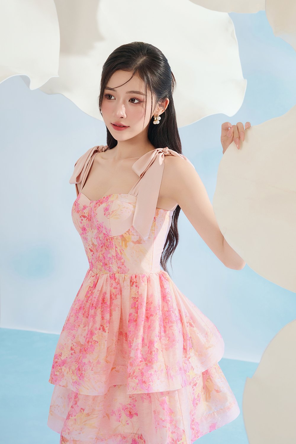 Fiona Removable Ribbon Straps Bustier Mini Dress in Blushing Aurafleur