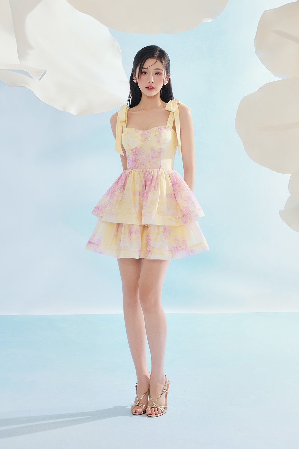 Fiona Removable Ribbon Straps Bustier Mini Dress in Sunny Aurafleur