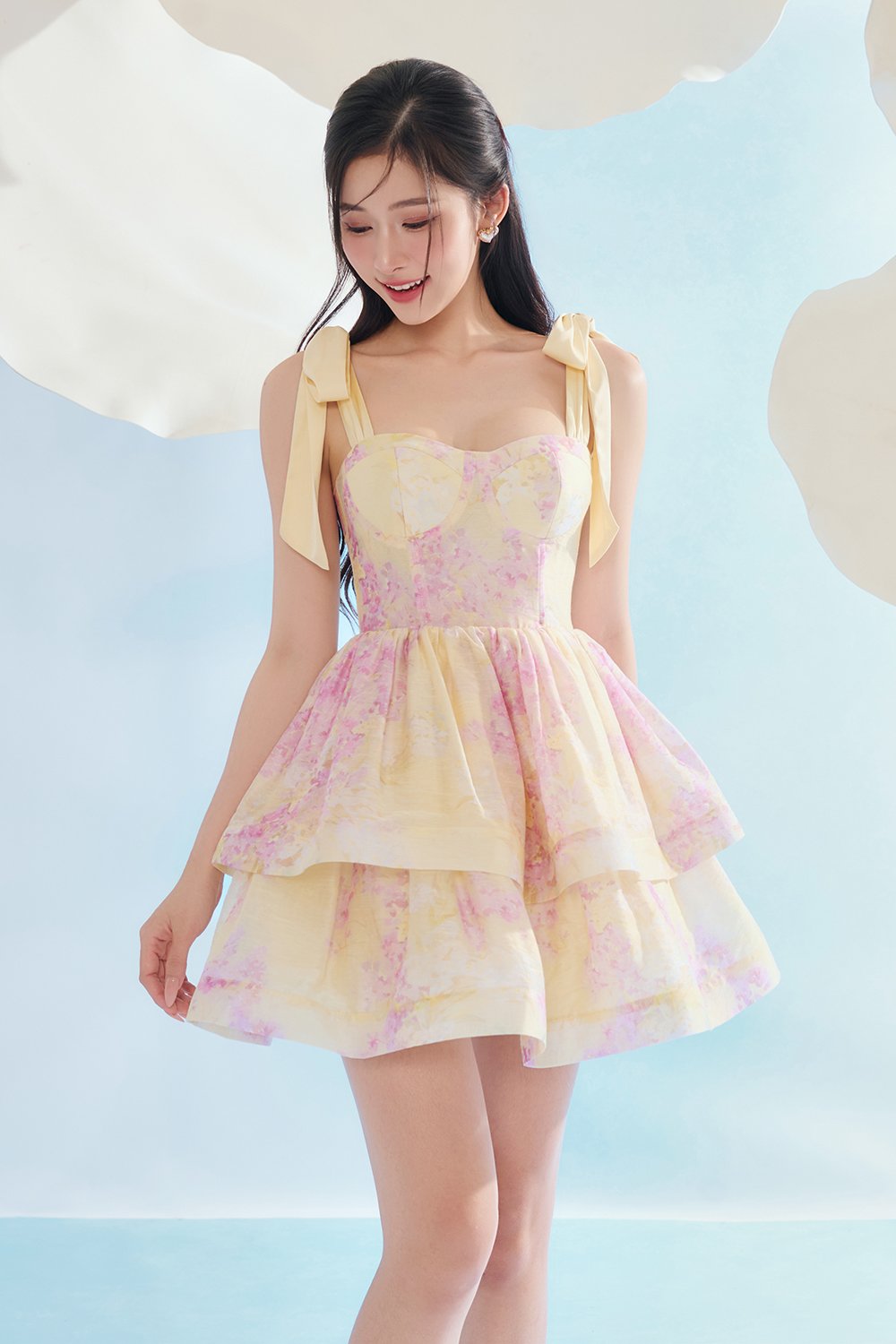 Fiona Removable Ribbon Straps Bustier Mini Dress in Sunny Aurafleur