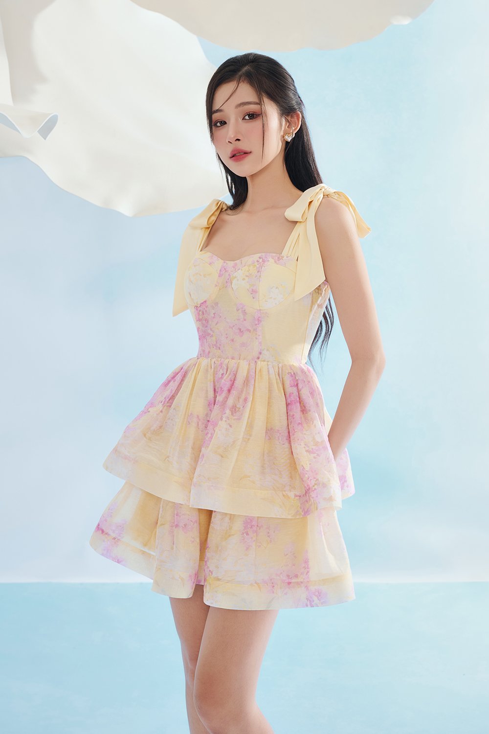 Fiona Removable Ribbon Straps Bustier Mini Dress in Sunny Aurafleur