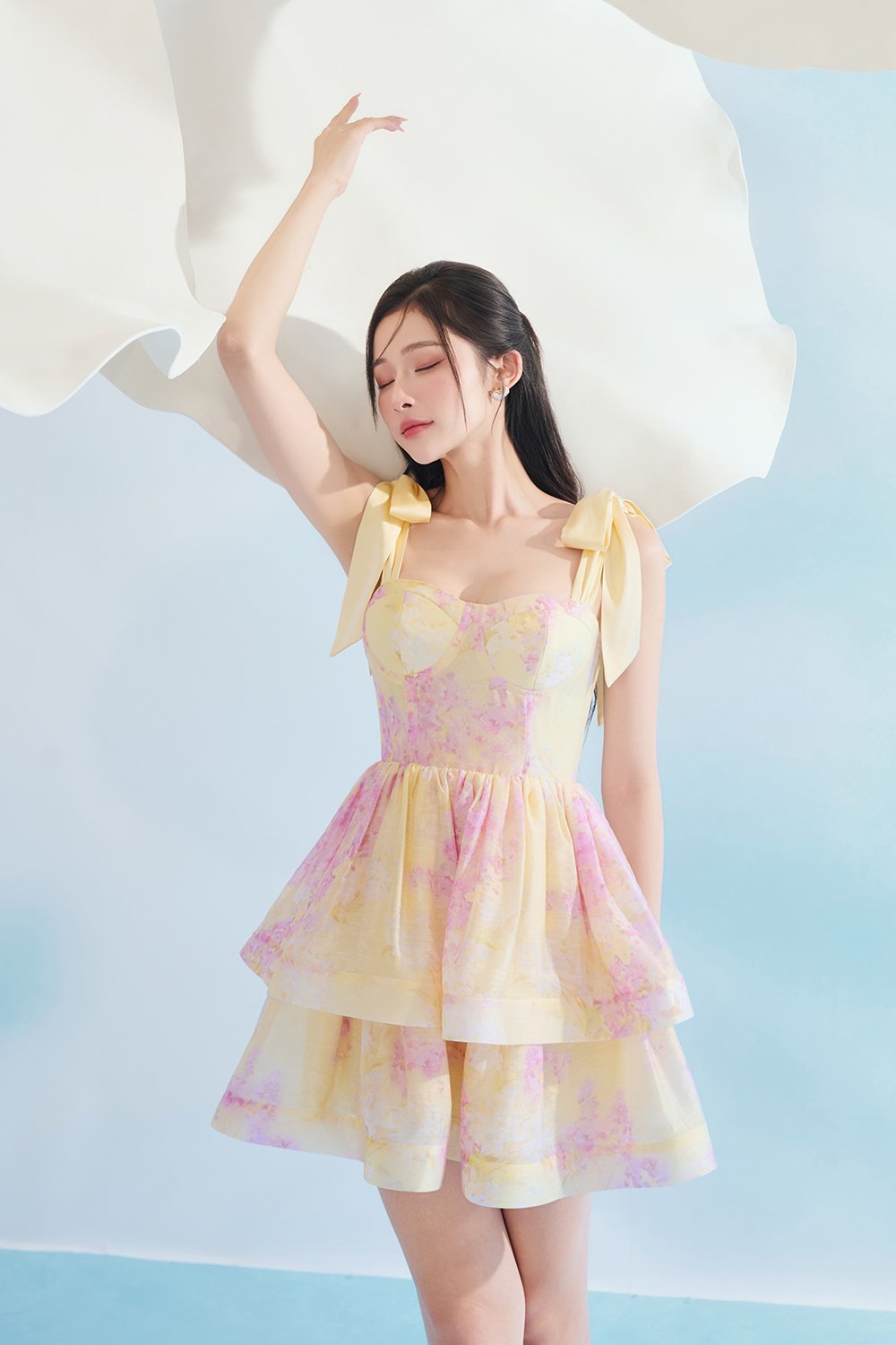 Fiona Removable Ribbon Straps Bustier Mini Dress in Sunny Aurafleur