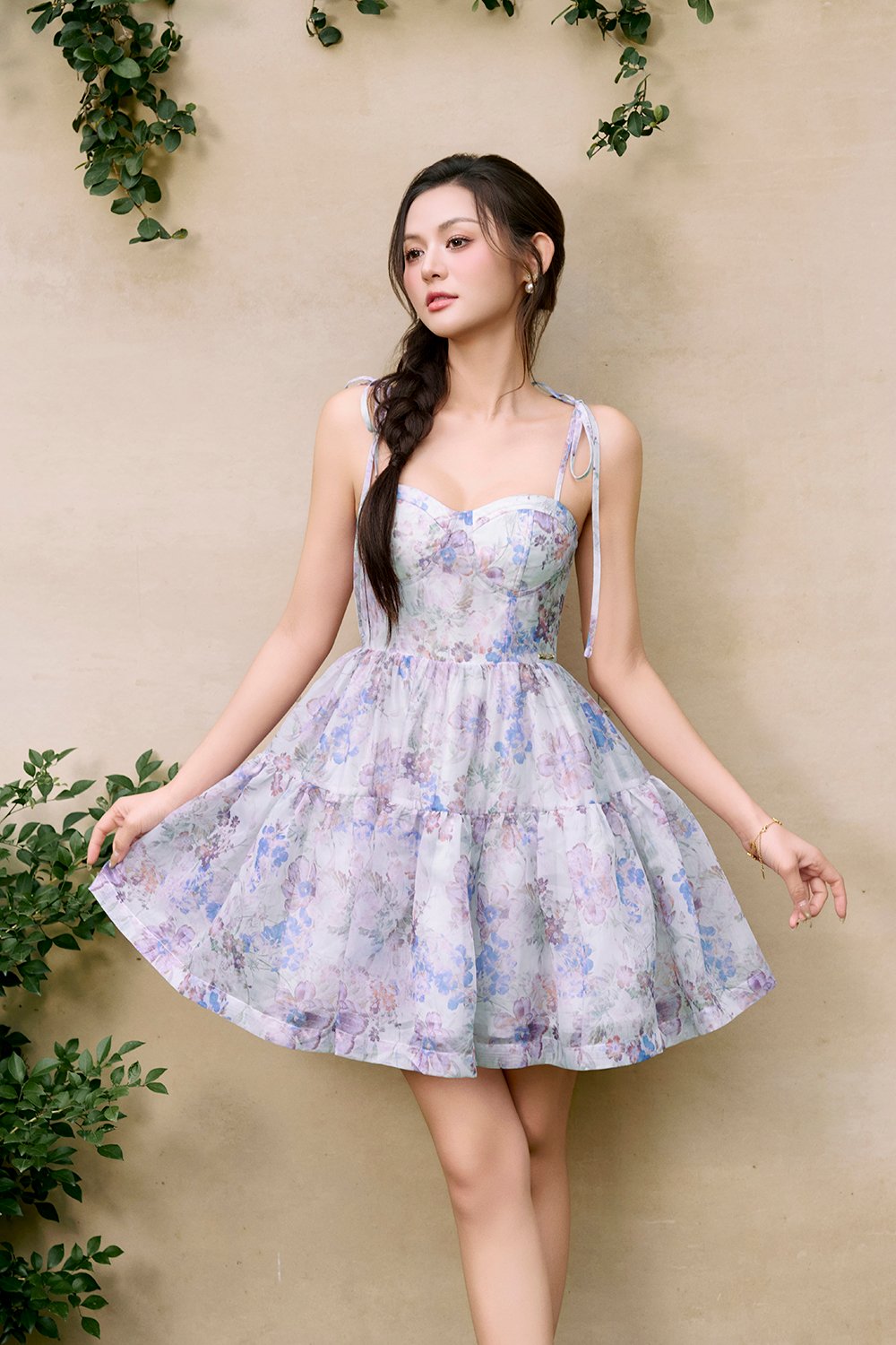 Floria Ribbon Tie Bustier Tiered Mini Dress in Purple Lunaria