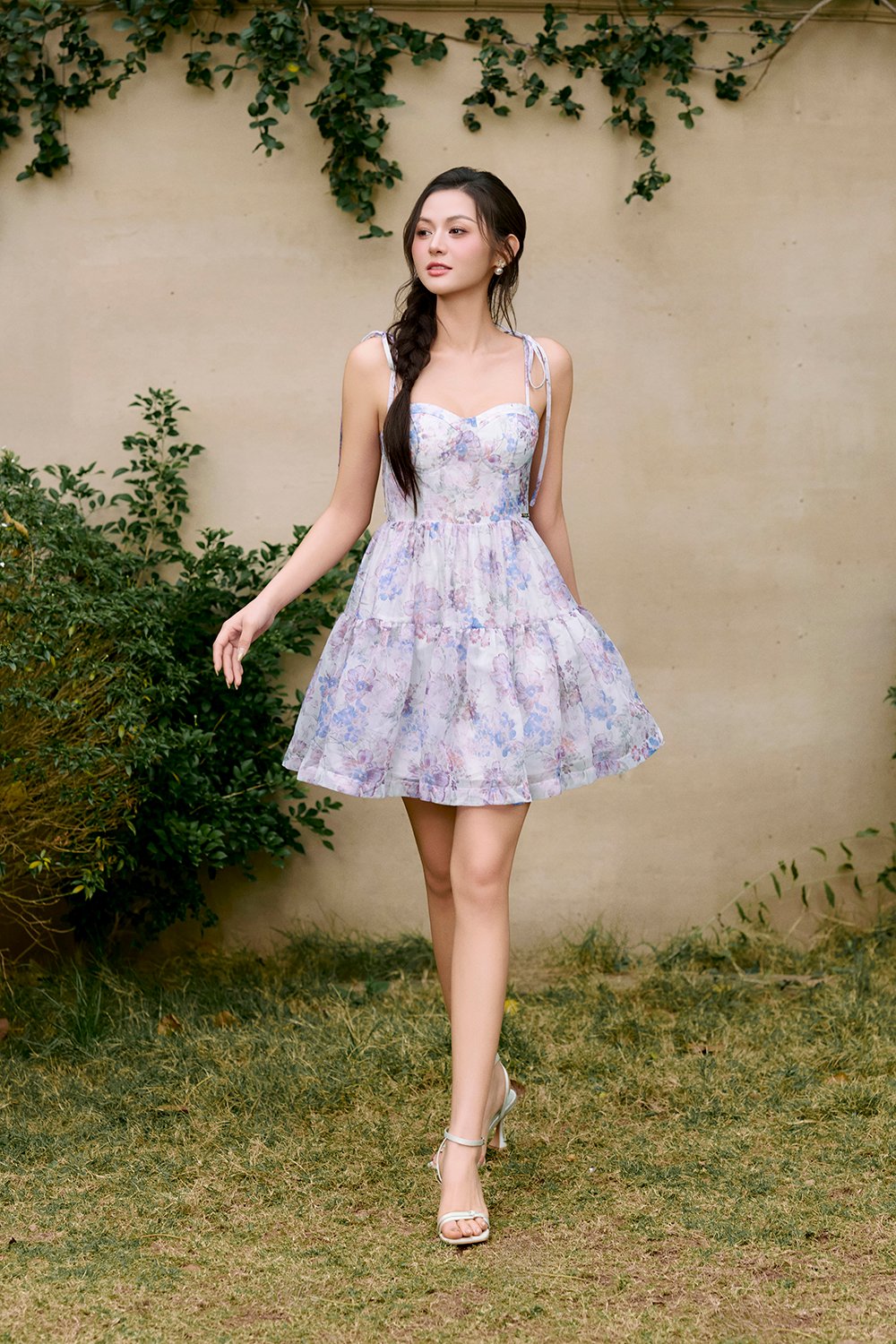 Floria Ribbon Tie Bustier Tiered Mini Dress in Purple Lunaria