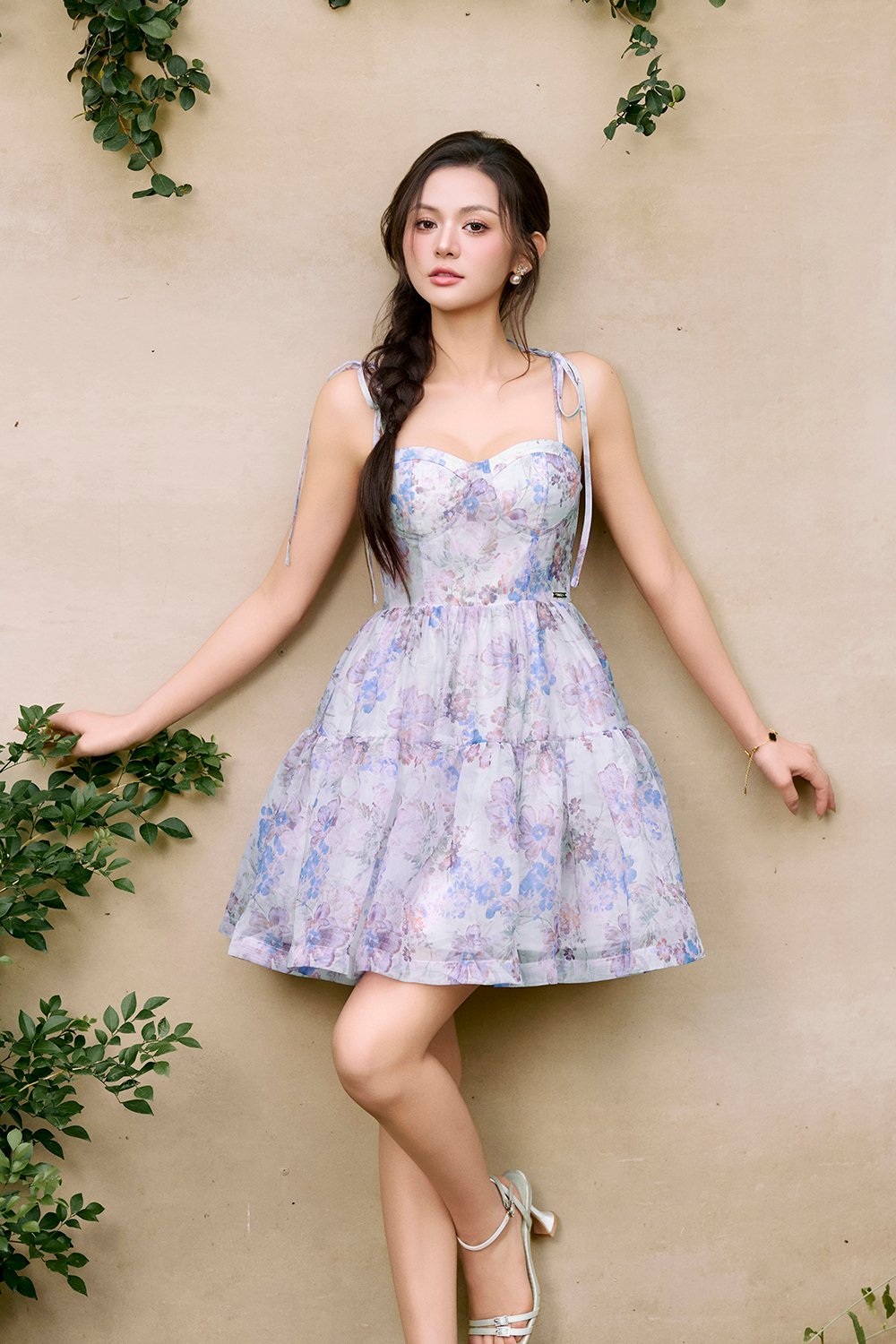 Floria Ribbon Tie Bustier Tiered Mini Dress in Purple Lunaria