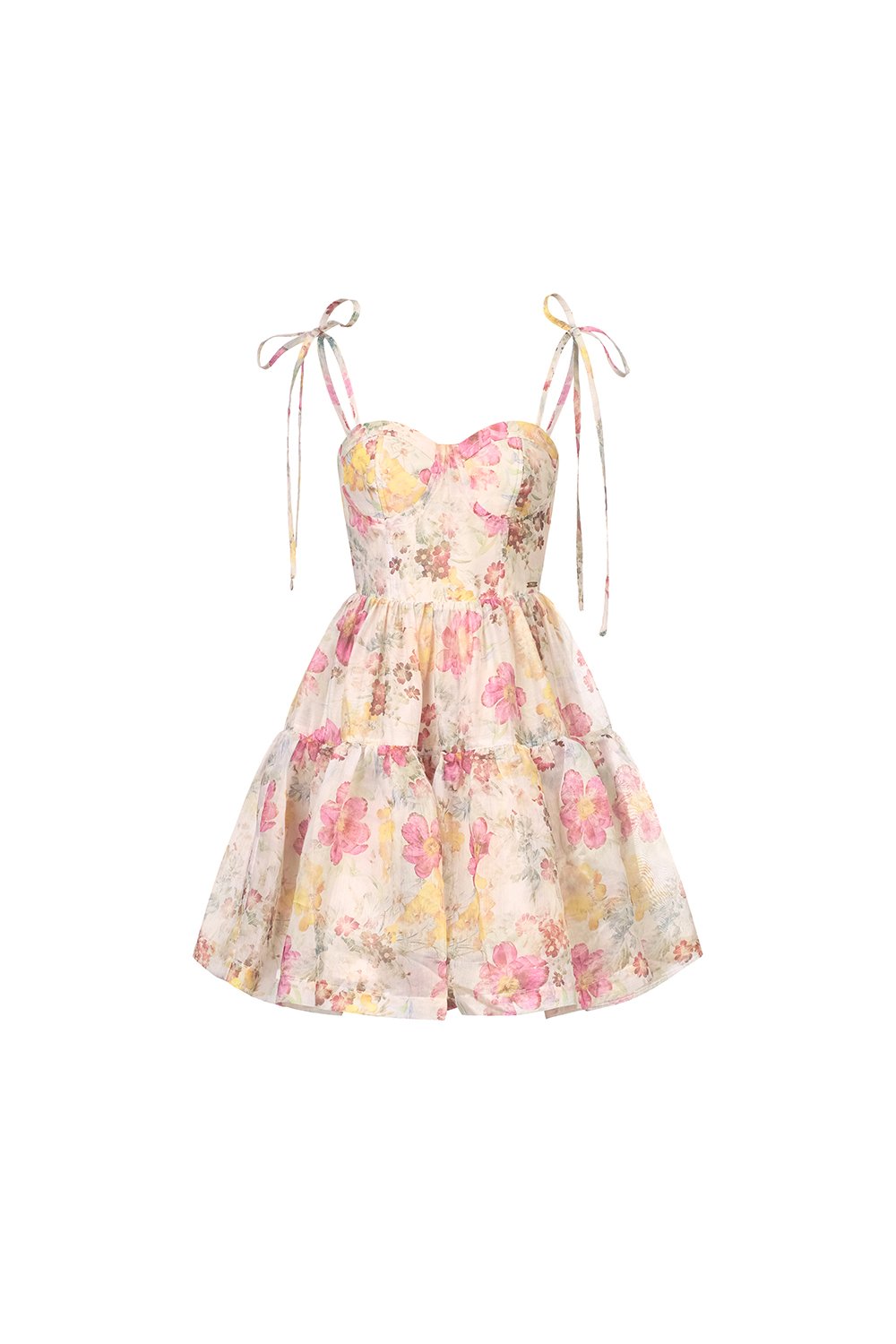 Floria Ribbon Tie Bustier Tiered Mini Dress in Yellow Lunaria