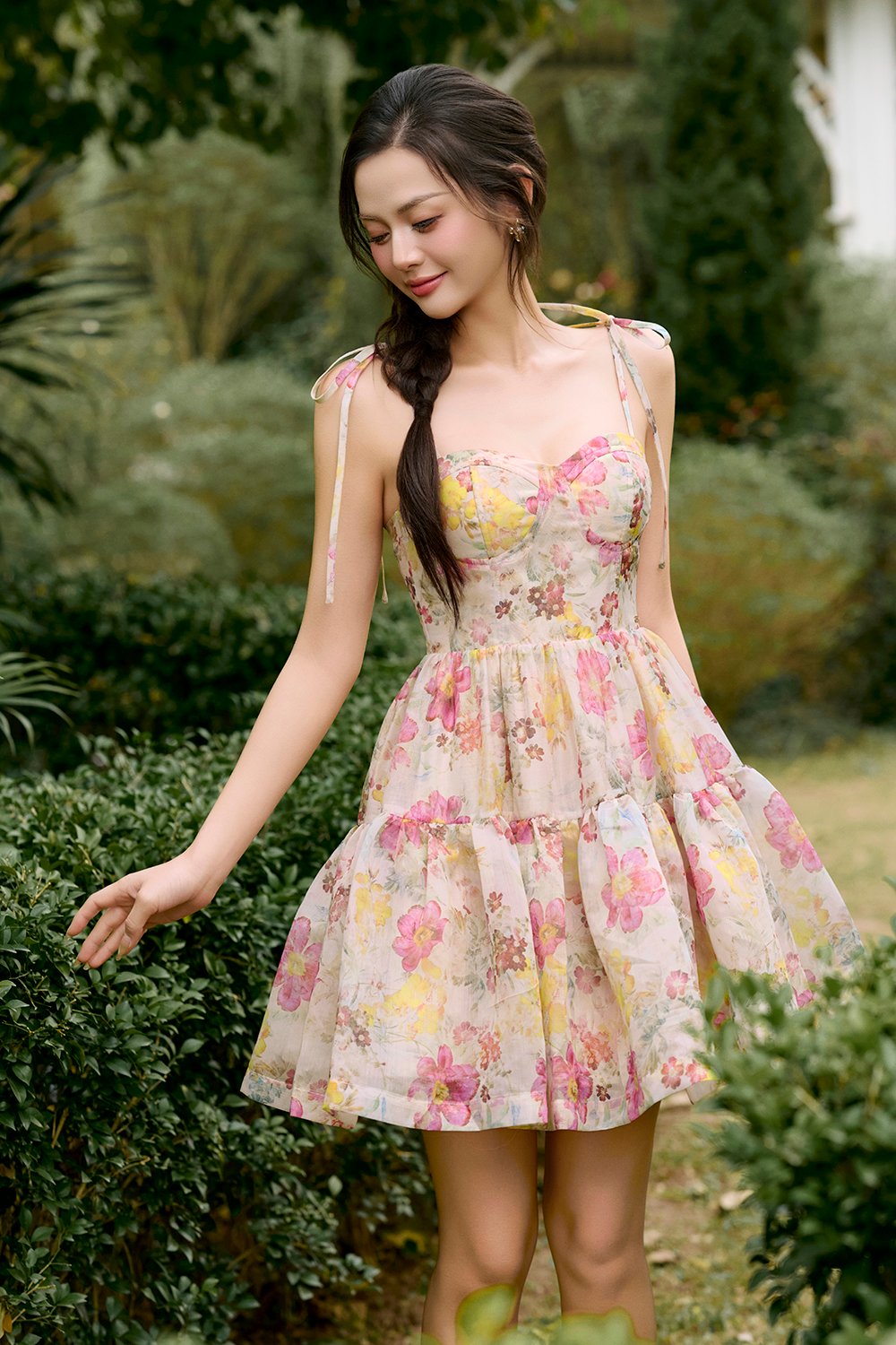 Floria Ribbon Tie Bustier Tiered Mini Dress in Yellow Lunaria