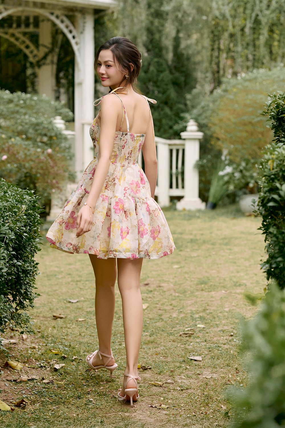 Floria Ribbon Tie Bustier Tiered Mini Dress in Yellow Lunaria