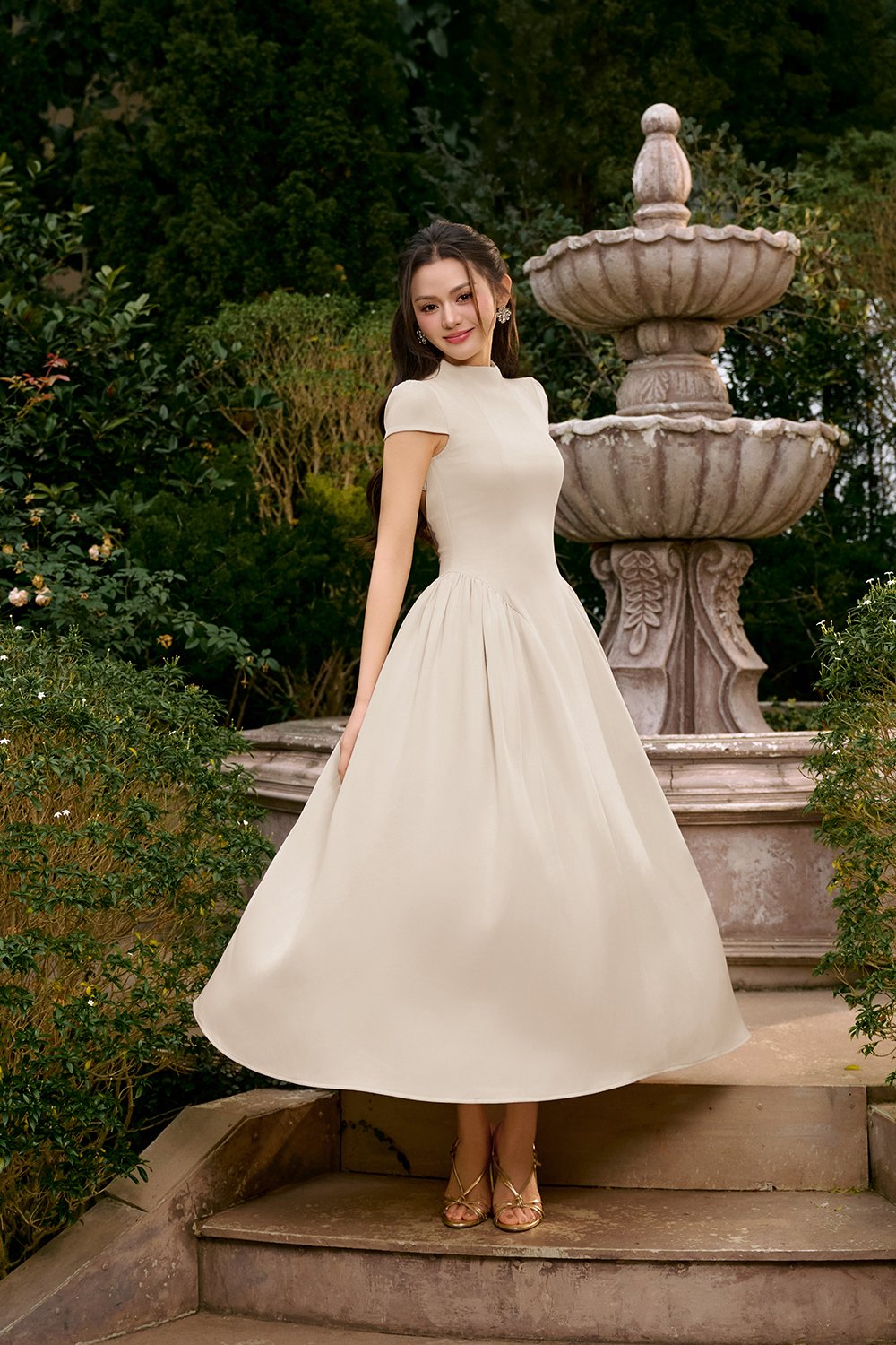 Freya Padded Mock Neck Flare Midaxi Dress in Chantilly Cream