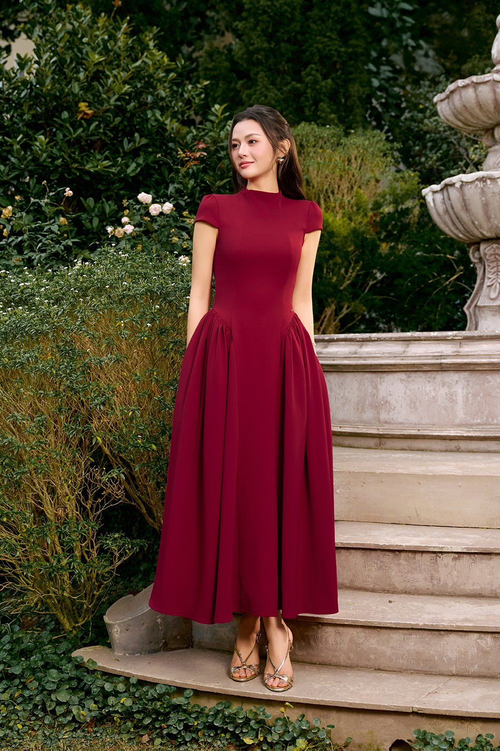 Freya Padded Mock Neck Flare Midaxi Dress in Ruby Red