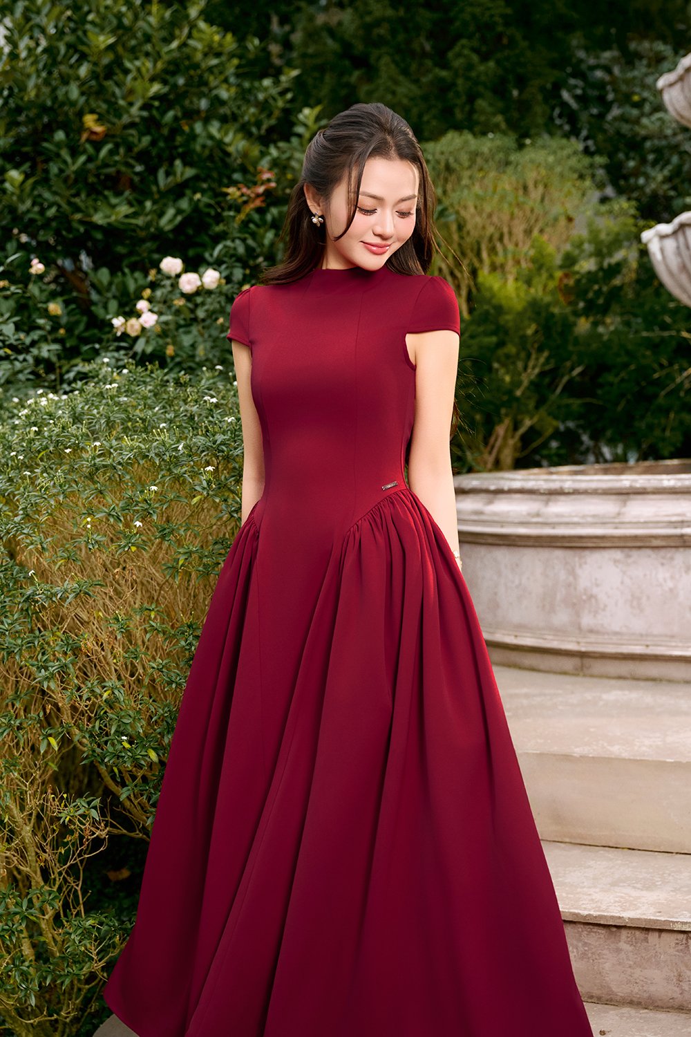 Freya Padded Mock Neck Flare Midaxi Dress in Ruby Red