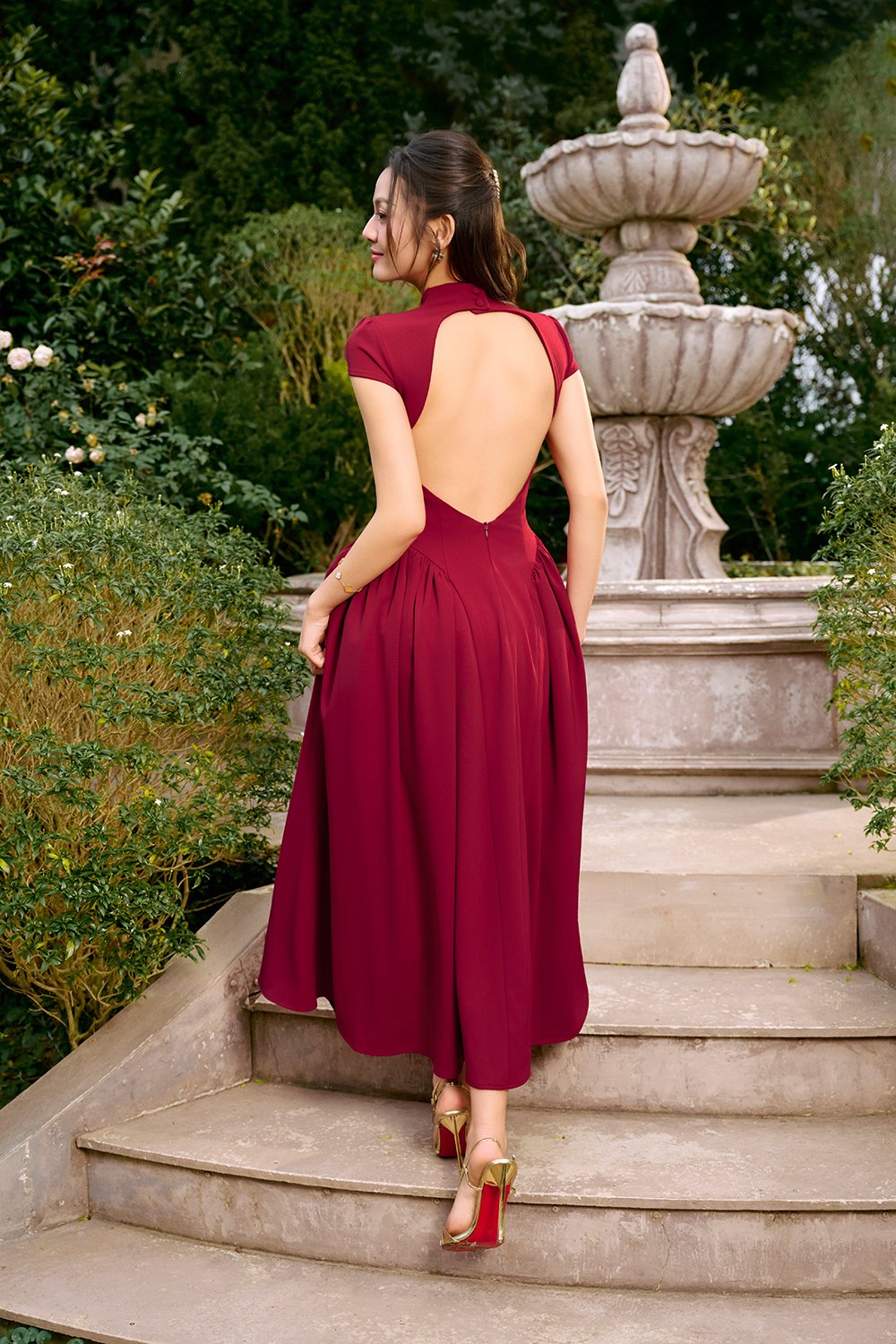 Freya Padded Mock Neck Flare Midaxi Dress in Ruby Red