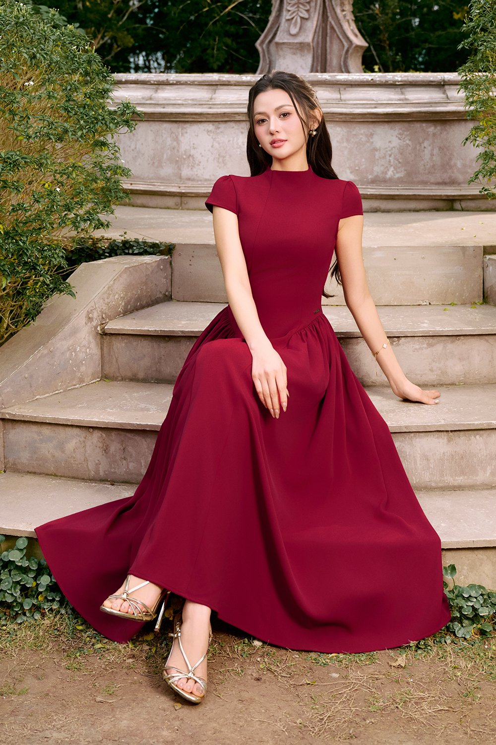 Freya Padded Mock Neck Flare Midaxi Dress in Ruby Red