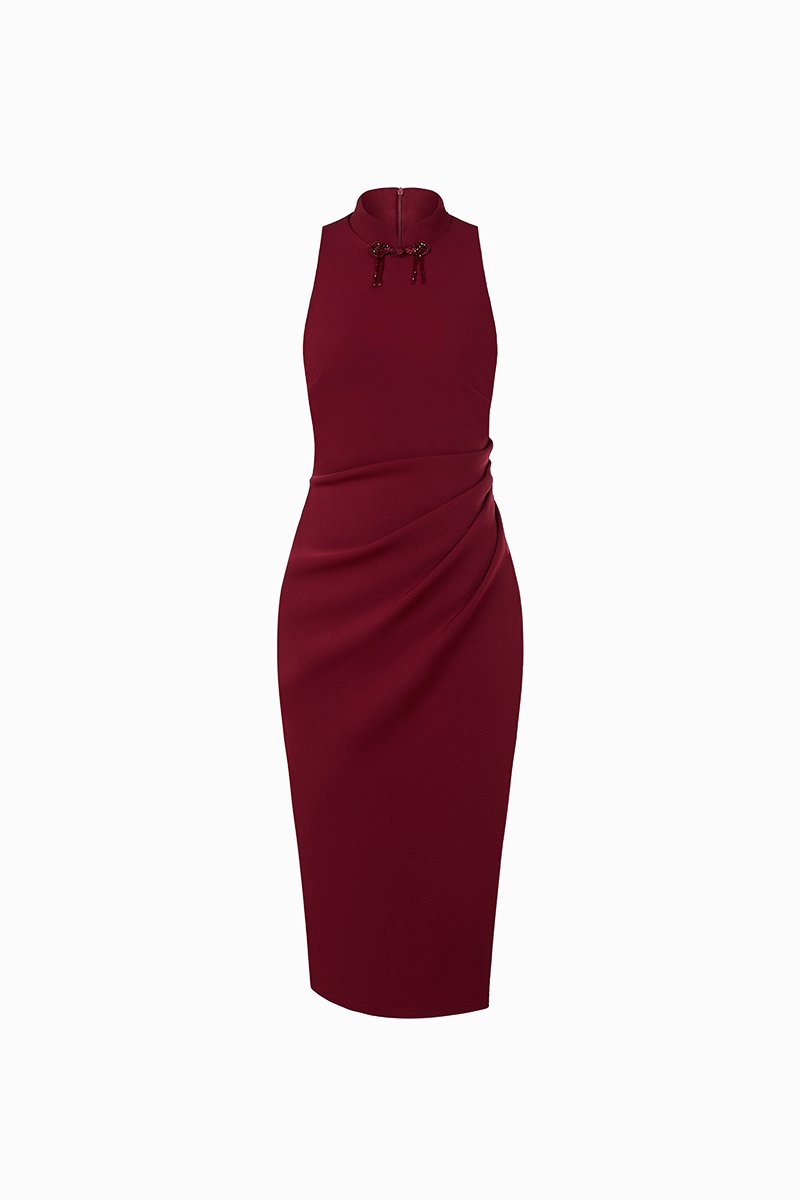 Grace Padded Ruched Mandarin Collar Pencil Dress in Deep Red