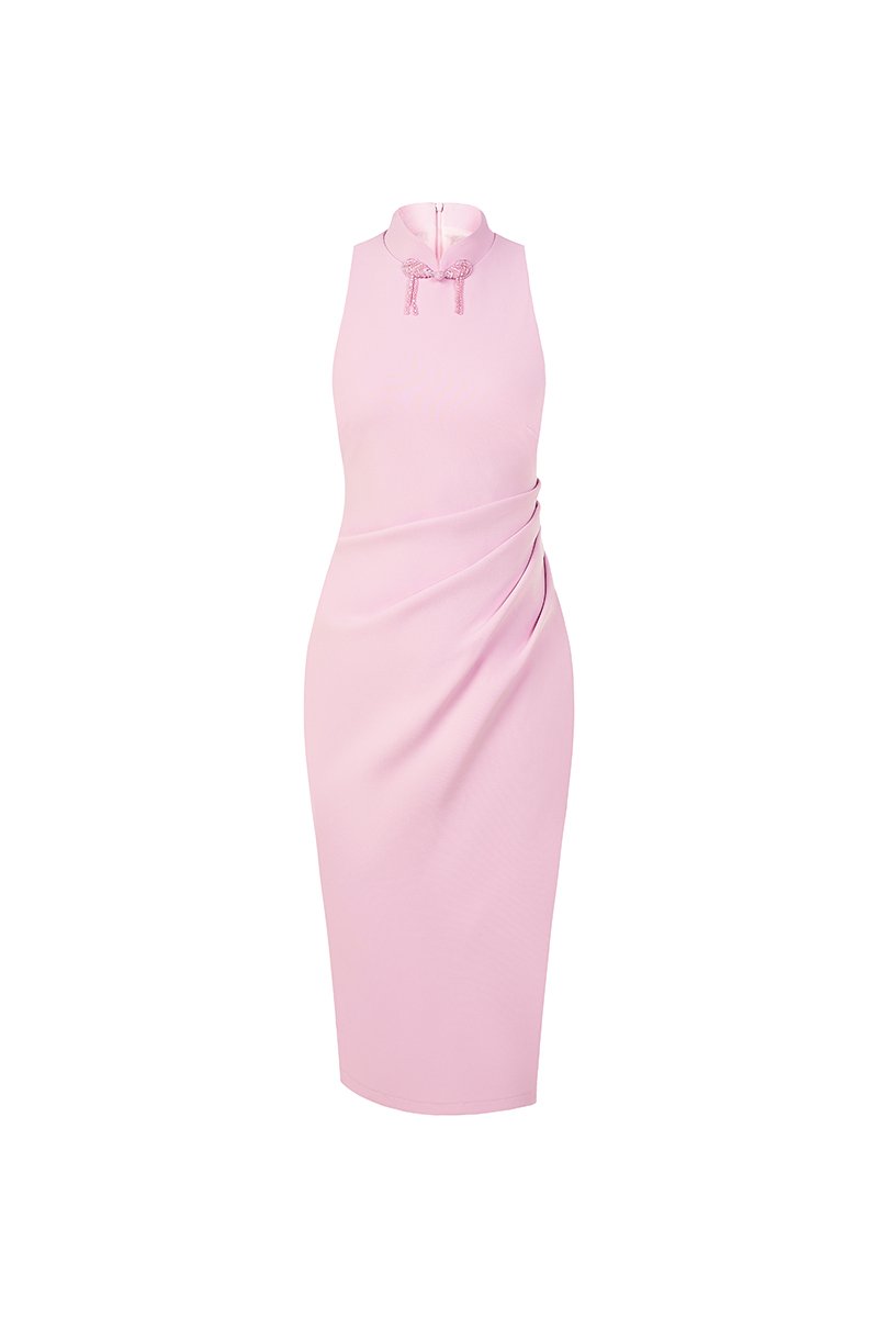 Grace Padded Ruched Mandarin Collar Pencil Dress in French Lavender