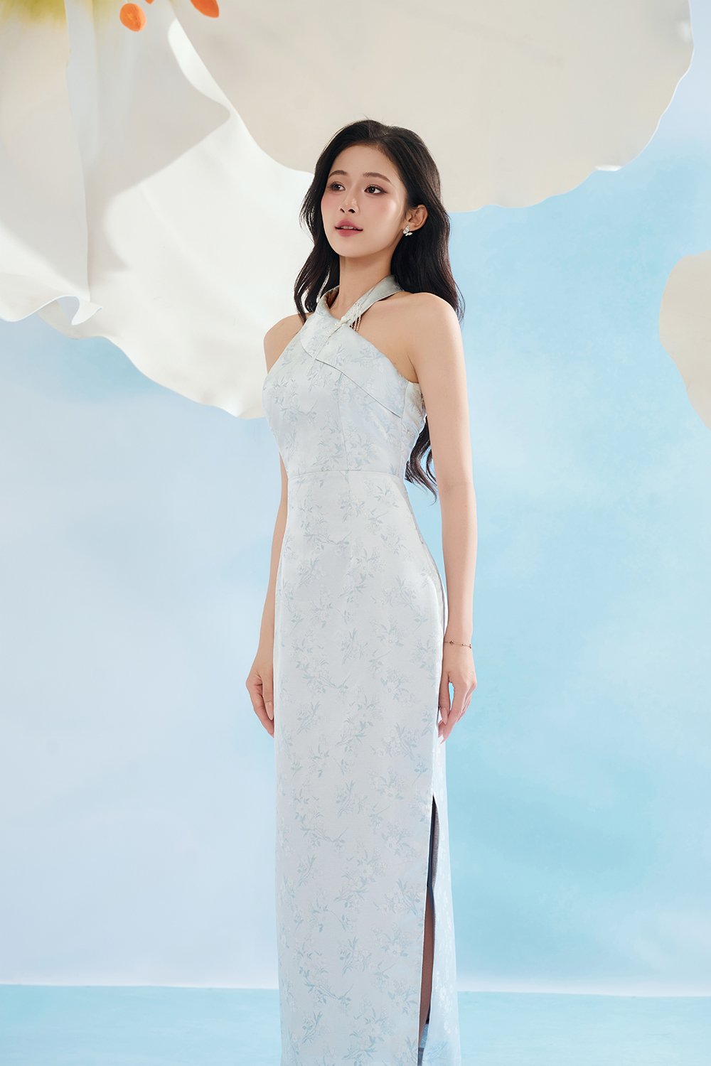 Jade Padded Halter Asymmetrical Cheongsam in Ice Frosted Garden