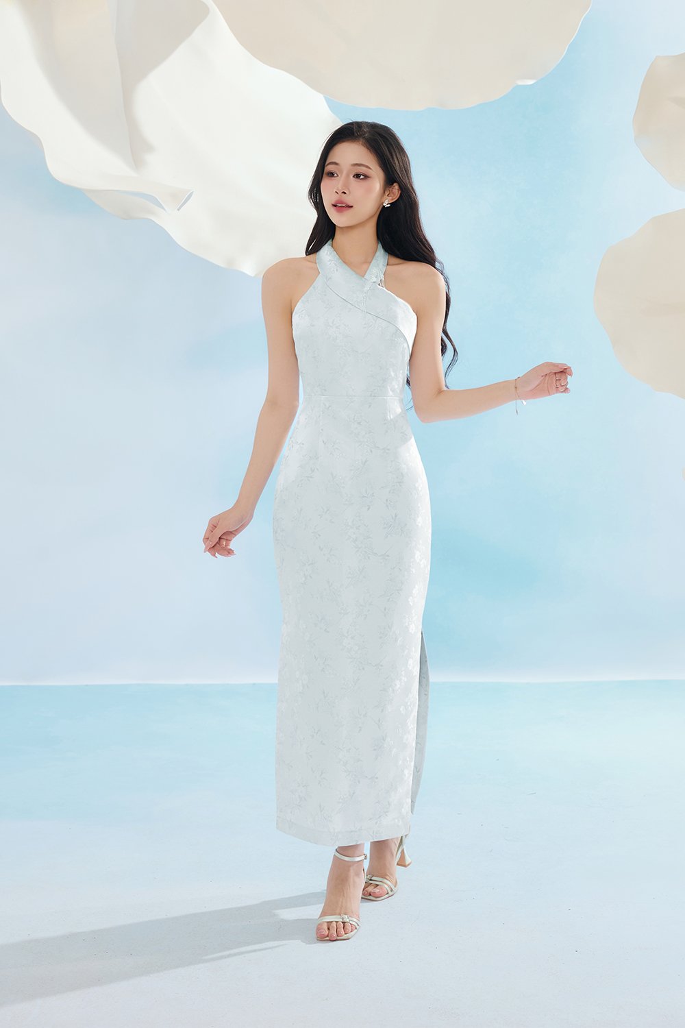 Jade Padded Halter Asymmetrical Cheongsam in Ice Frosted Garden