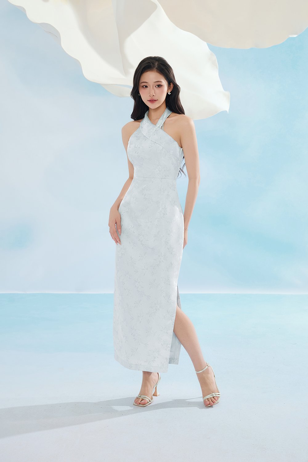 Jade Padded Halter Asymmetrical Cheongsam in Ice Frosted Garden