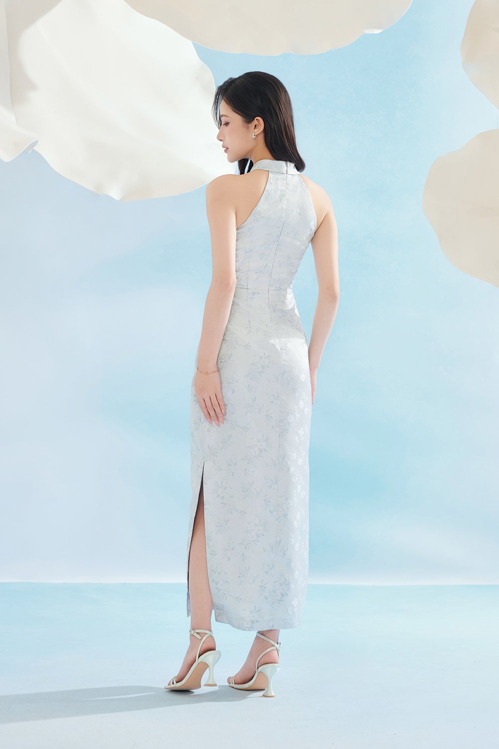 Jade Padded Halter Asymmetrical Cheongsam in Ice Frosted Garden