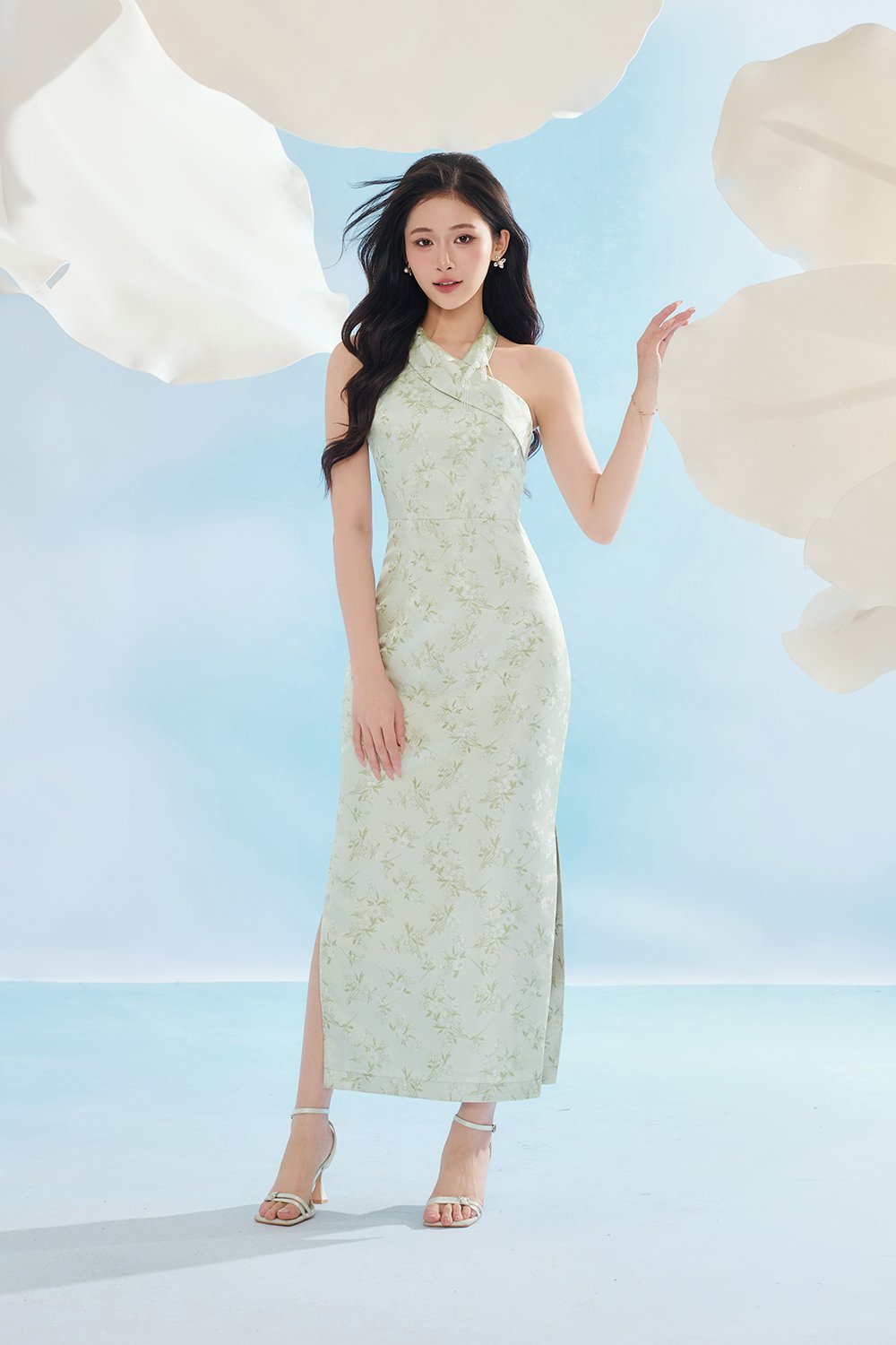 Jade Padded Halter Asymmetrical Cheongsam in Sage Frosted Garden