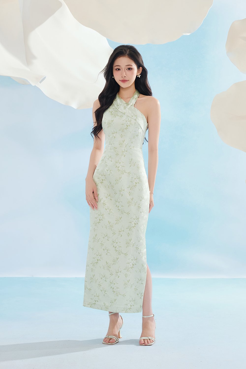 Jade Padded Halter Asymmetrical Cheongsam in Sage Frosted Garden