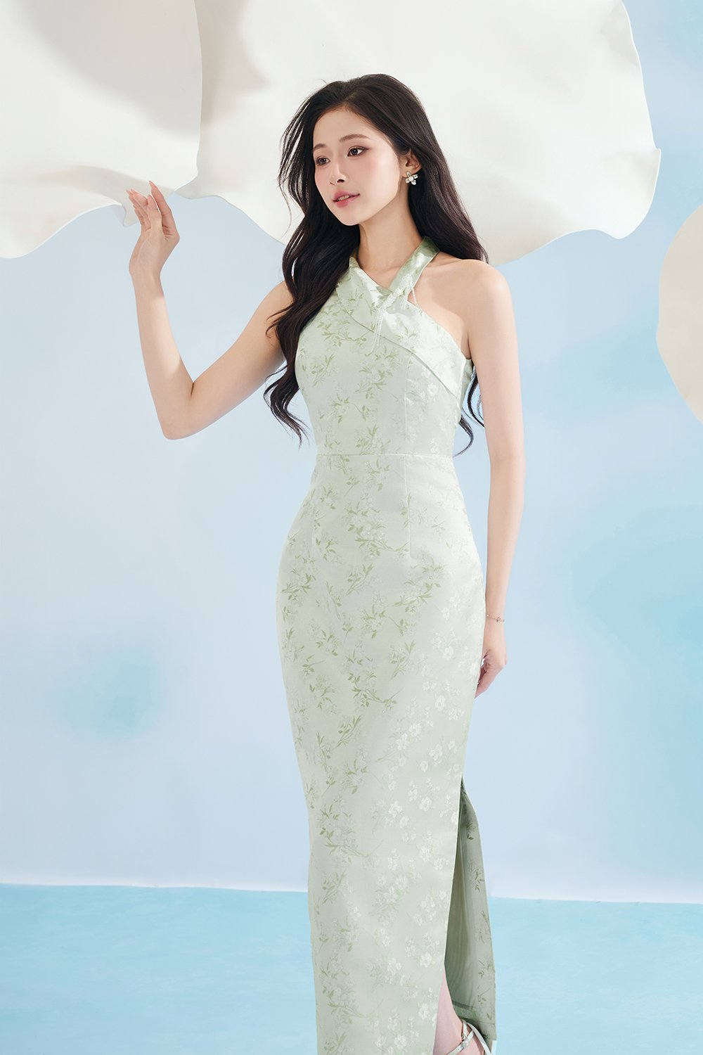 Jade Padded Halter Asymmetrical Cheongsam in Sage Frosted Garden