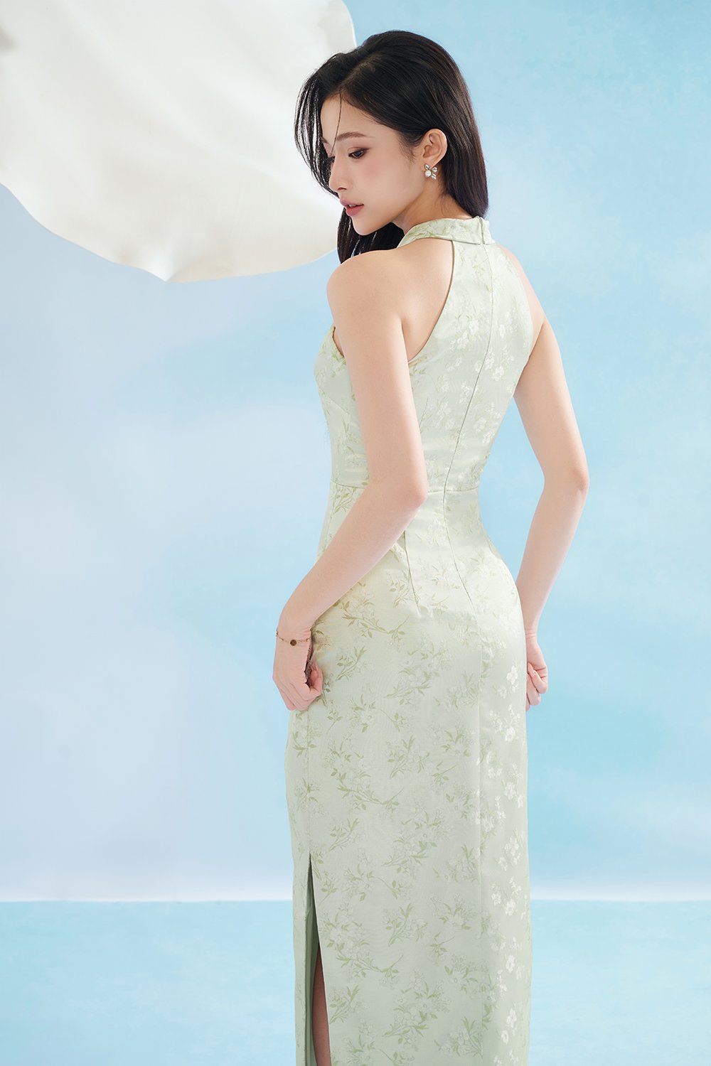 Jade Padded Halter Asymmetrical Cheongsam in Sage Frosted Garden