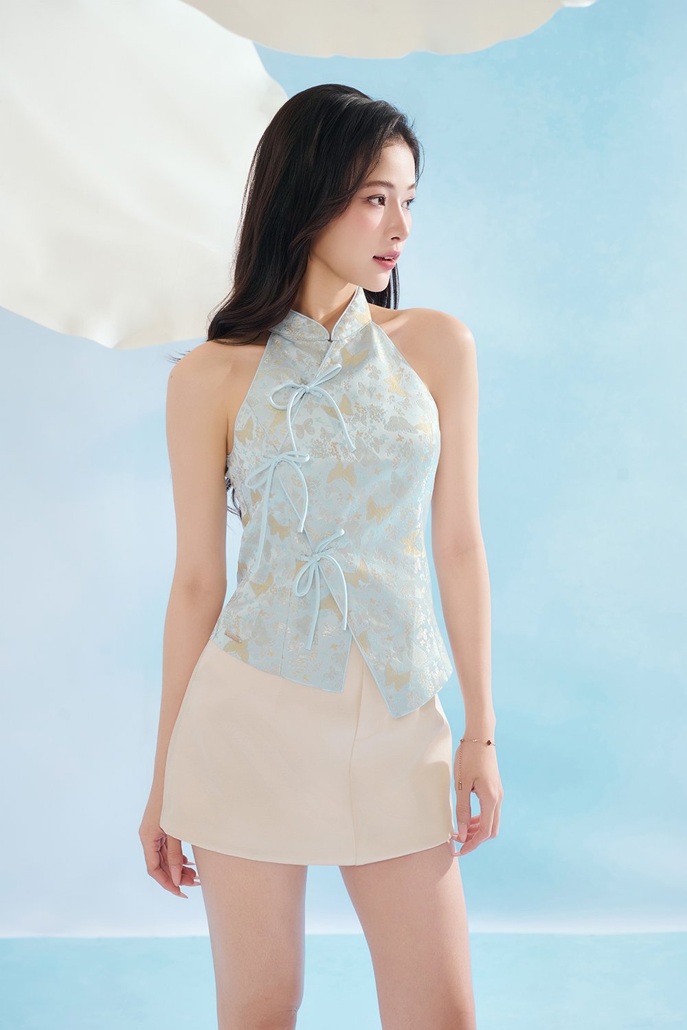 Janine Halter Asymmetrical Cheongsam Top in Blue Butterfly Reverie