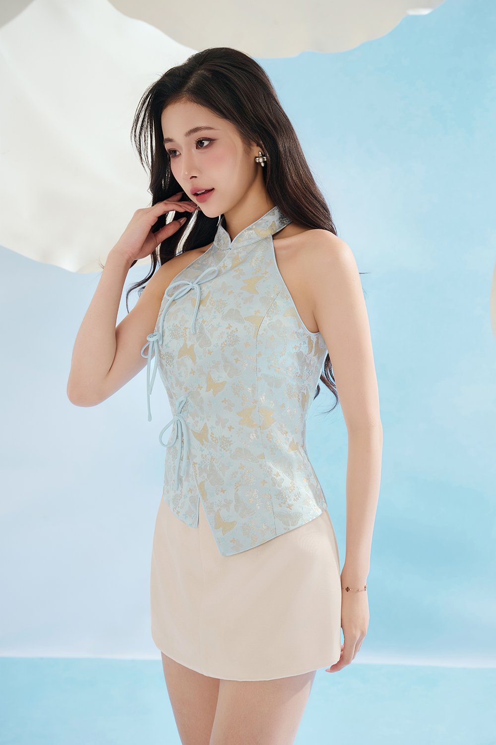 Janine Halter Asymmetrical Cheongsam Top in Blue Butterfly Reverie
