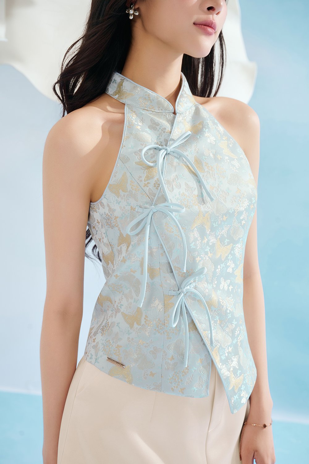 Janine Halter Asymmetrical Cheongsam Top in Blue Butterfly Reverie